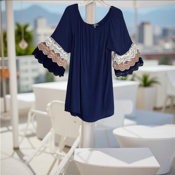 2/$20 🅢🅐🅛🅔 Off Shoulder Navy Blue Minidress Crochet Bell Sleeves School Shower - Picture 1 of 8